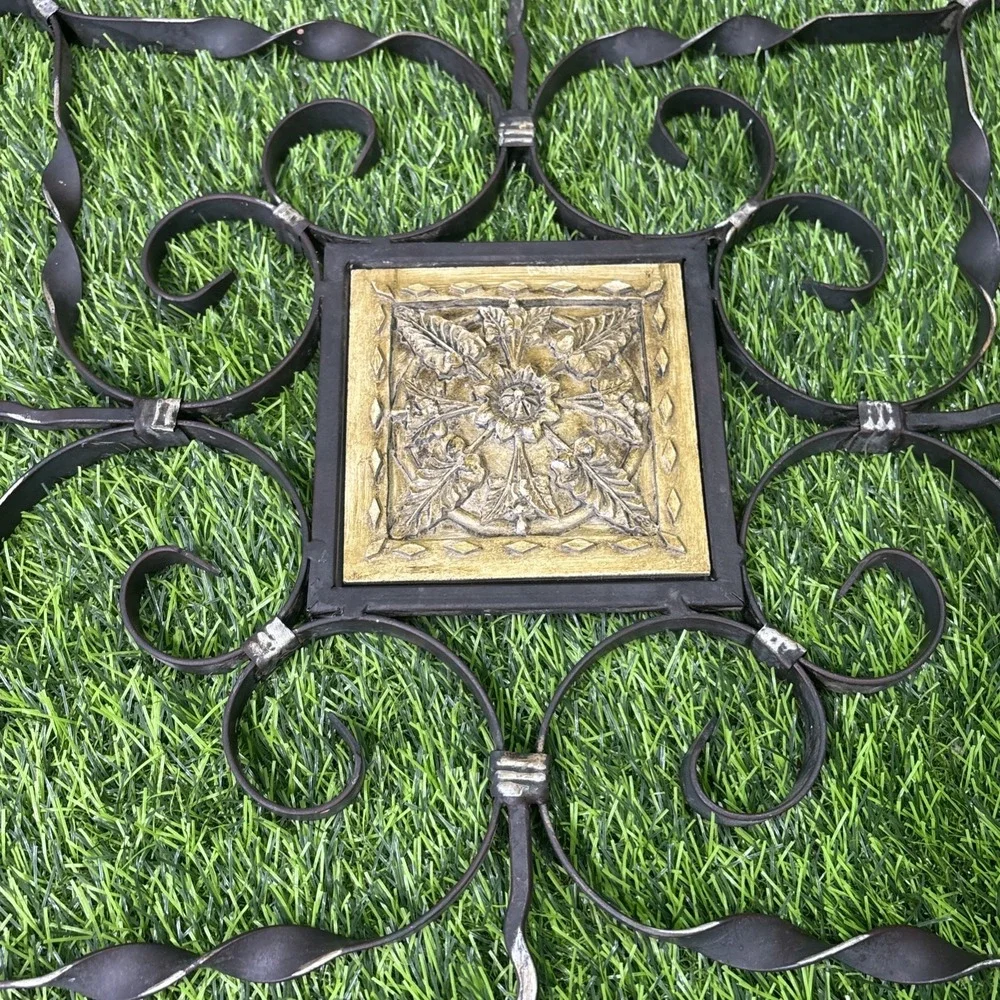 Large Wrought Iron Wall Decor Black Metal Scroll Carved Wood Medallion Hanging